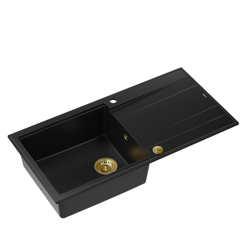 Quadri Luton black granite Inset Kitchen Sink with draining board reversible 100x50cm with golden plug 1208967317