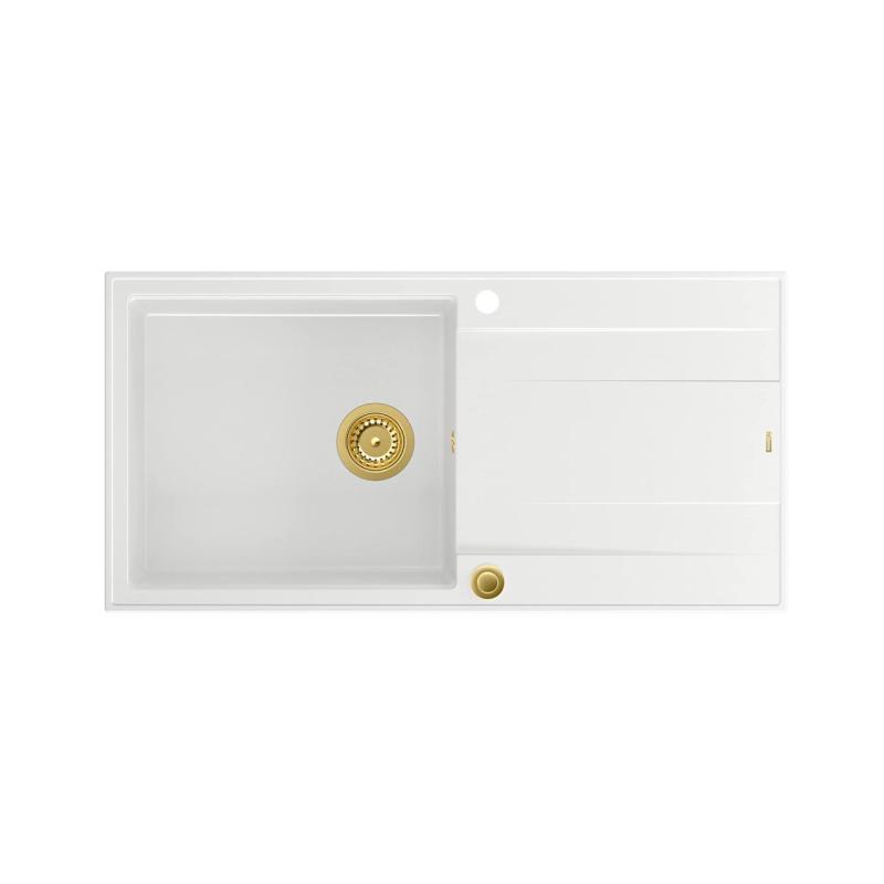 Quadri Luton white granite Inset Kitchen Sink with draining board reversible 100x50cm with golden plug 1208967319