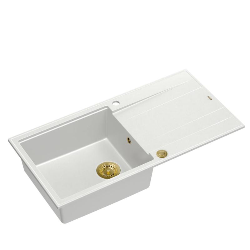 Quadri Luton white granite Inset Kitchen Sink with draining board reversible 100x50cm with golden plug 1208967319