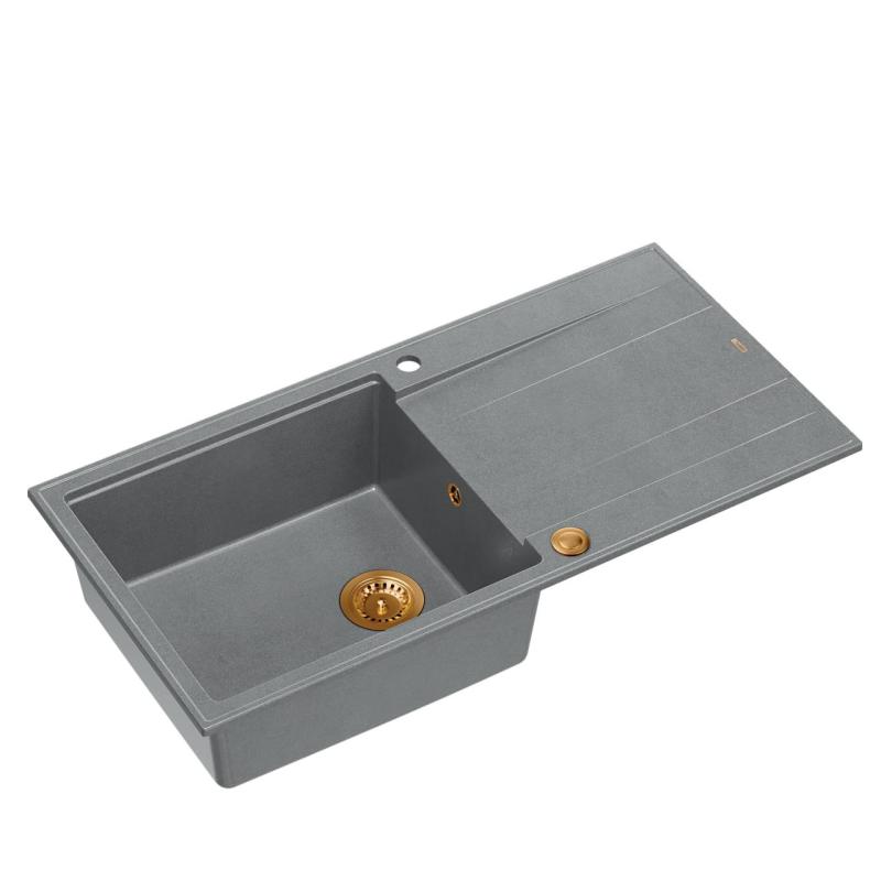 Quadri Luton grey granite Inset Kitchen Sink with draining board reversible 100x50cm with copper plug 1208967324