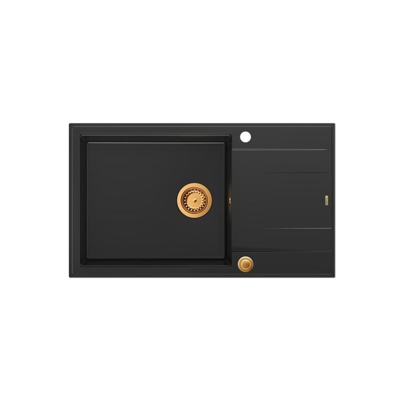Quadri Luton black granite large Inset Kitchen Sink with draining board reversible 86x50cm with copper plug 1208967326