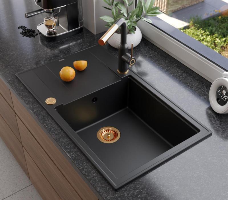 Quadri Luton black granite large Inset Kitchen Sink with draining board reversible 86x50cm with copper plug 1208967326