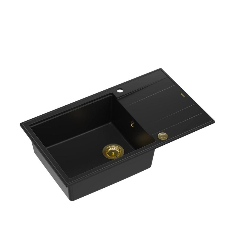 Quadri Luton black granite large Inset Kitchen Sink with draining board reversible 86x50cm with golden plug 1208967327