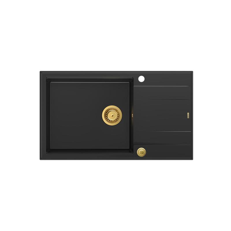 Quadri Luton black granite large Inset Kitchen Sink with draining board reversible 86x50cm with golden plug 1208967327