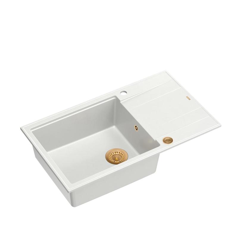 Quadri Luton witte granite large Inset Kitchen Sink with draining board reversible 86x50cm with copper plug 1208967328