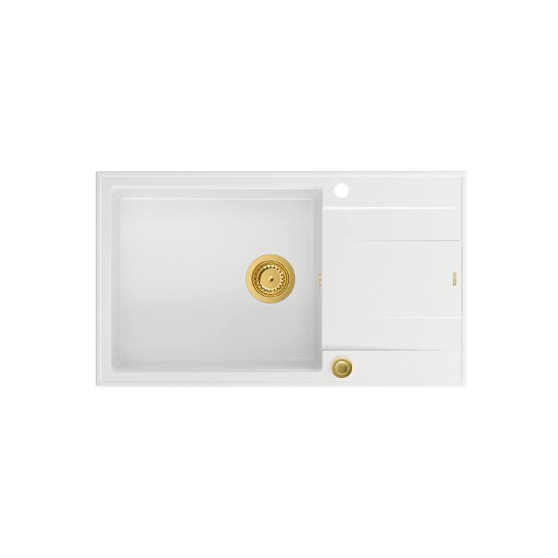 Quadri Luton witte granite large Inset Kitchen Sink with draining board reversible 86x50cm with golden plug 1208967329