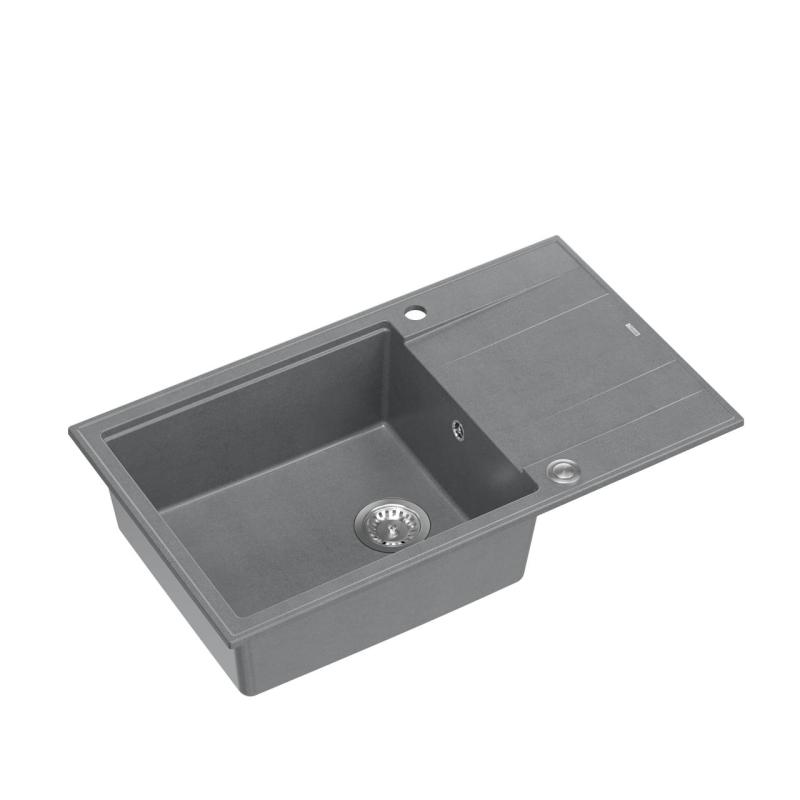 Quadri Luton grey granite large Inset Kitchen Sink with draining board reversible 86x50cm with stainless steel plug 1208967330