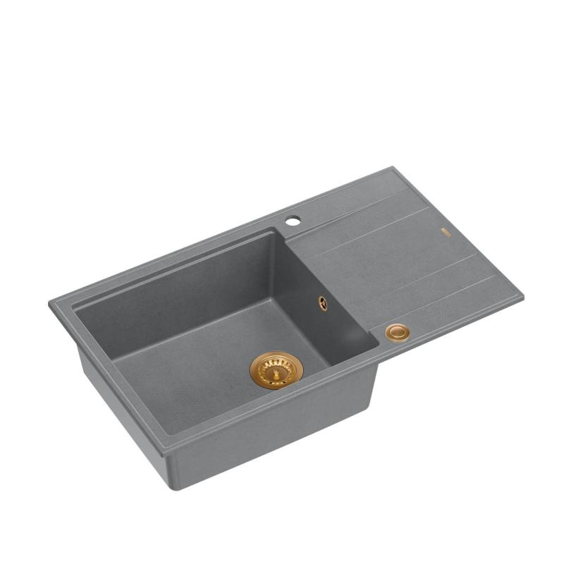 Quadri Luton grey granite large Inset Kitchen Sink with draining board reversible 86x50cm with copper plug 1208967331