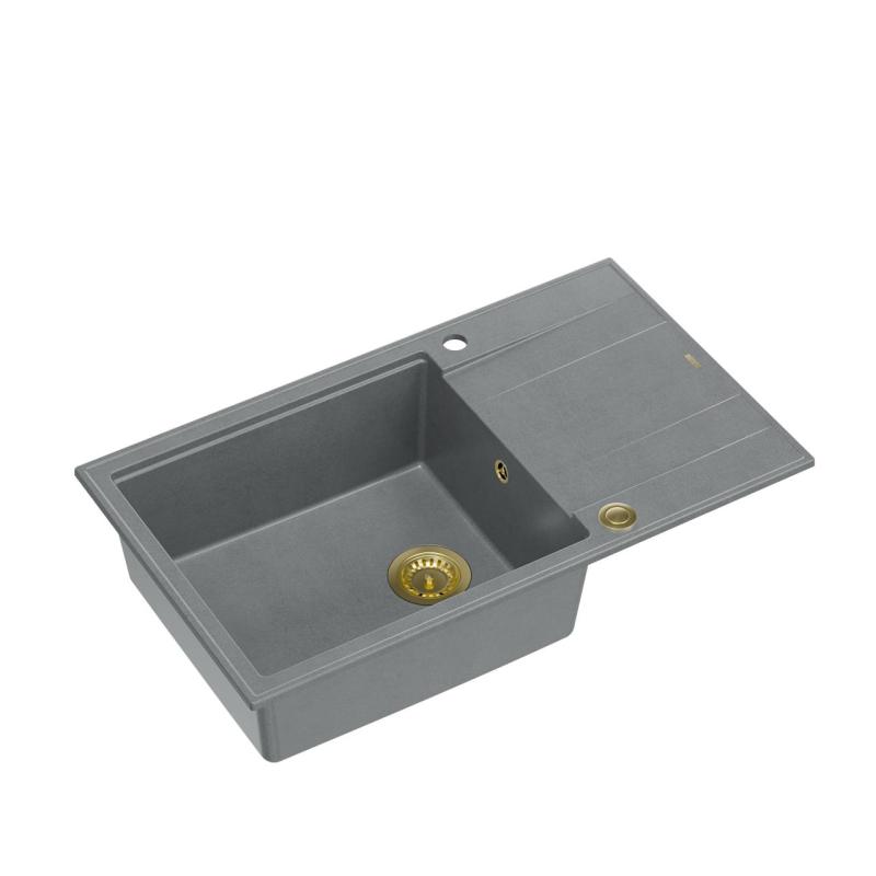 Quadri Luton grey granite large Inset Kitchen Sink with draining board reversible 86x50cm with golden plug 1208967332