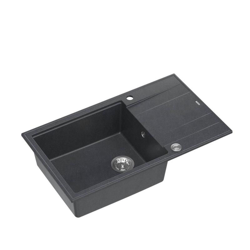 Quadri Luton anthracite granite large Inset Kitchen Sink with draining board reversible 86x50cm with stainless steel plug 1208967333