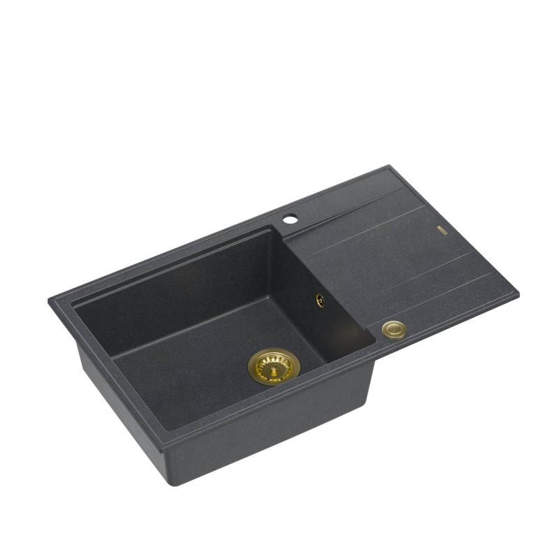 Quadri Luton anthracite granite large Inset Kitchen Sink with draining board reversible 86x50cm with golden plug 1208967334