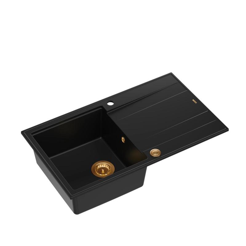 Quadri Luton black granite Inset Kitchen Sink with draining board reversible 86x50cm with copper plug 1208967337