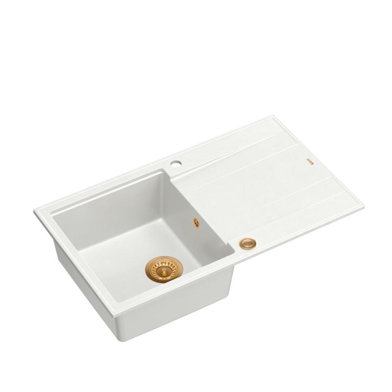 Quadri Luton white granite Inset Kitchen Sink with draining board reversible 86x50cm with copper plug 1208967339