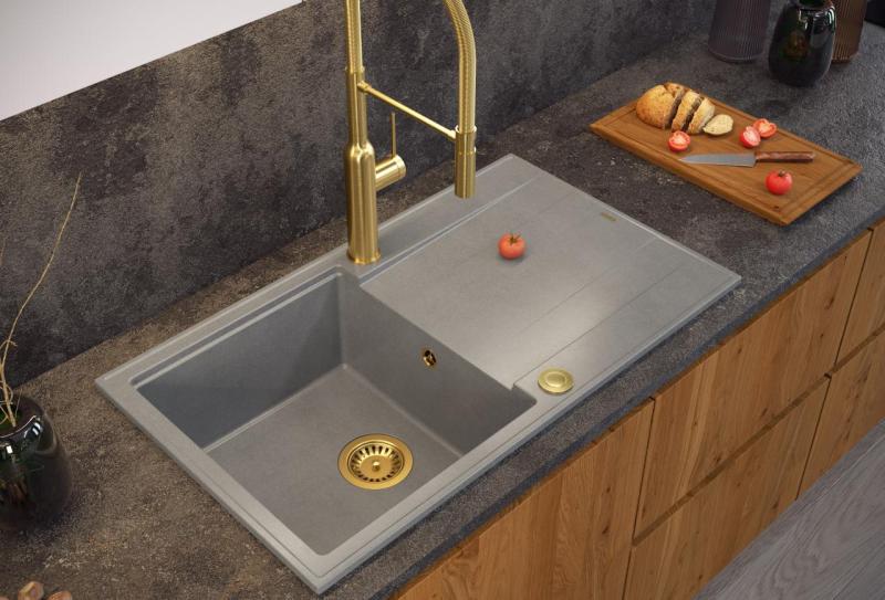 Quadri Luton grey granite Inset Kitchen Sink with draining board reversible 86x50cm with golden plug 1208967341