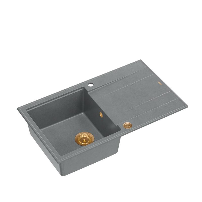 Quadri Luton grey granite Inset Kitchen Sink with draining board reversible 86x50cm with copper plug 1208967342