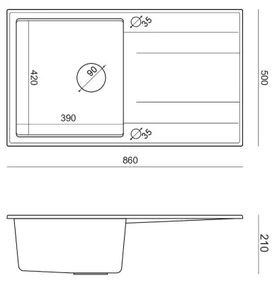 Quadri Luton anthracite granite countertop sink with reversible drainer 86x50cm with stainless steel plug 1208967343