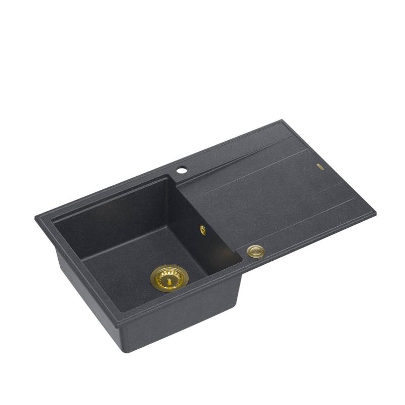 Quadri Luton anthracite granite Inset Kitchen Sink with draining board reversible 86x50cm with golden plug 1208967344