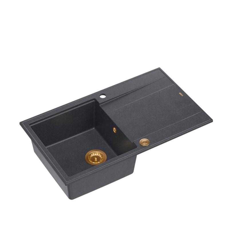 Quadri Luton anthracite granite Inset Kitchen Sink with draining board reversible 86x50cm with copper plug 1208967345