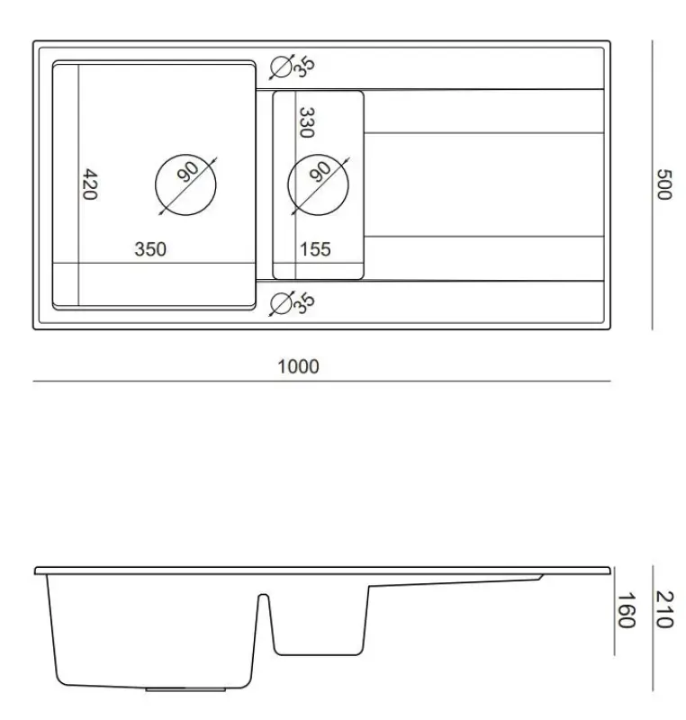 Quadri Luton black granite 1.5 Inset Kitchen Sink with draining board reversible 100x50cm with copper plug 1208967347