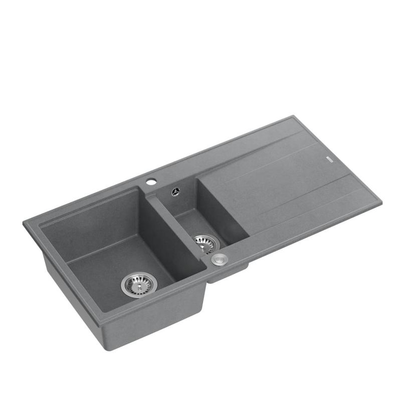Quadri Luton grey granite inset 1.5 kitchen sink with draining board reversible 100x50cm with stainless steel plug 1208967350
