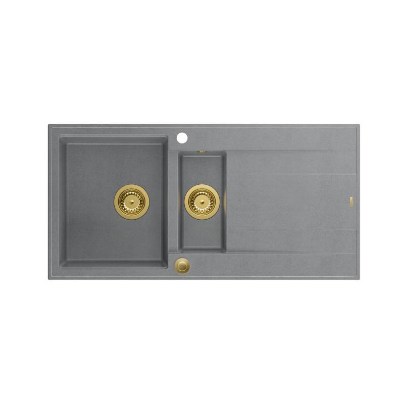 Quadri Luton grey granite inset 1.5 kitchen sink with draining board reversible 100x50cm with golden plug 1208967351
