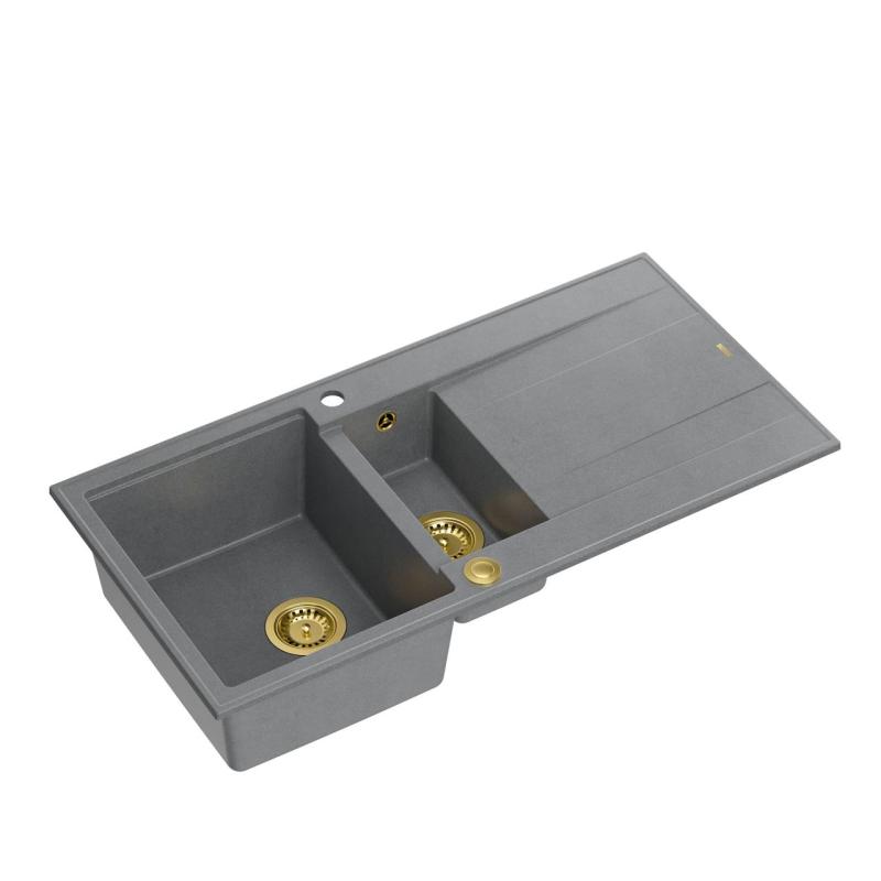 Quadri Luton grey granite inset 1.5 kitchen sink with draining board reversible 100x50cm with golden plug 1208967351