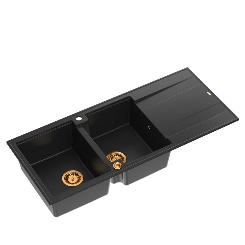 Quadri Luton black inset double granite sink with drainer, copper plug and push to open siphon116x50 cm 1208967357