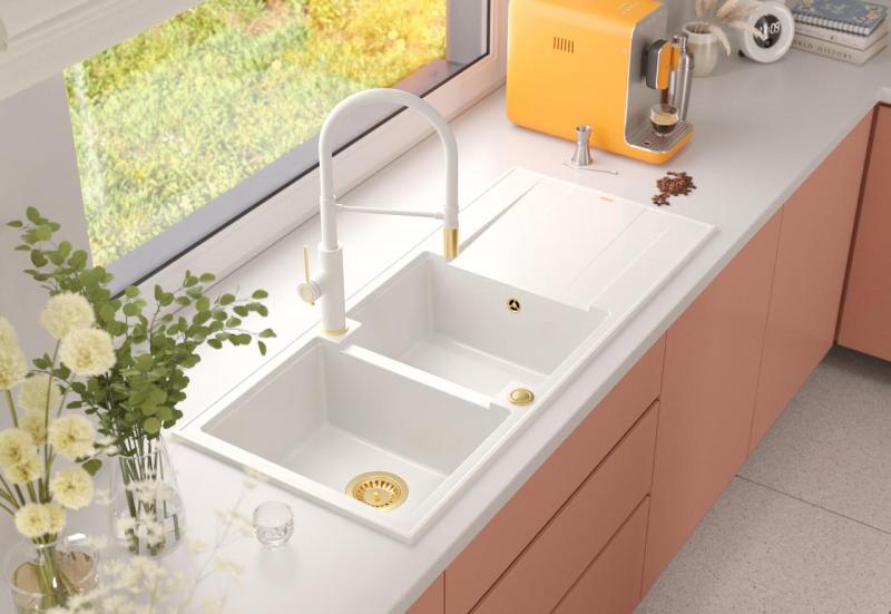 Quadri Luton white inset double granite sink with drainer, golden plug and push to open siphon 116x50 cm 1208967358