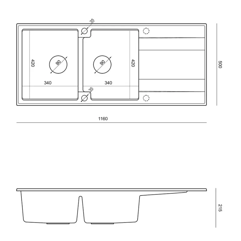 Quadri Luton white inset double granite sink with drainer, copper plug and push to open siphon 116x50 cm 1208967359