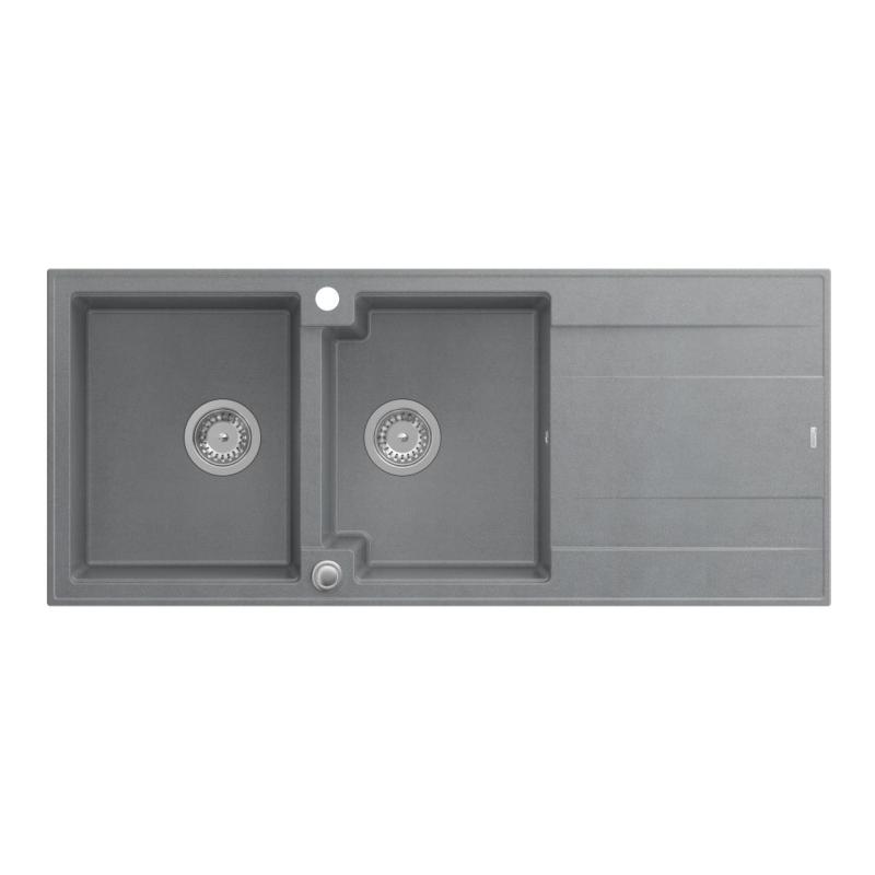 Quadri Luton grey inset double granite sink with drainer, stainless steel plug and push to open siphon 116x50 cm 1208967360
