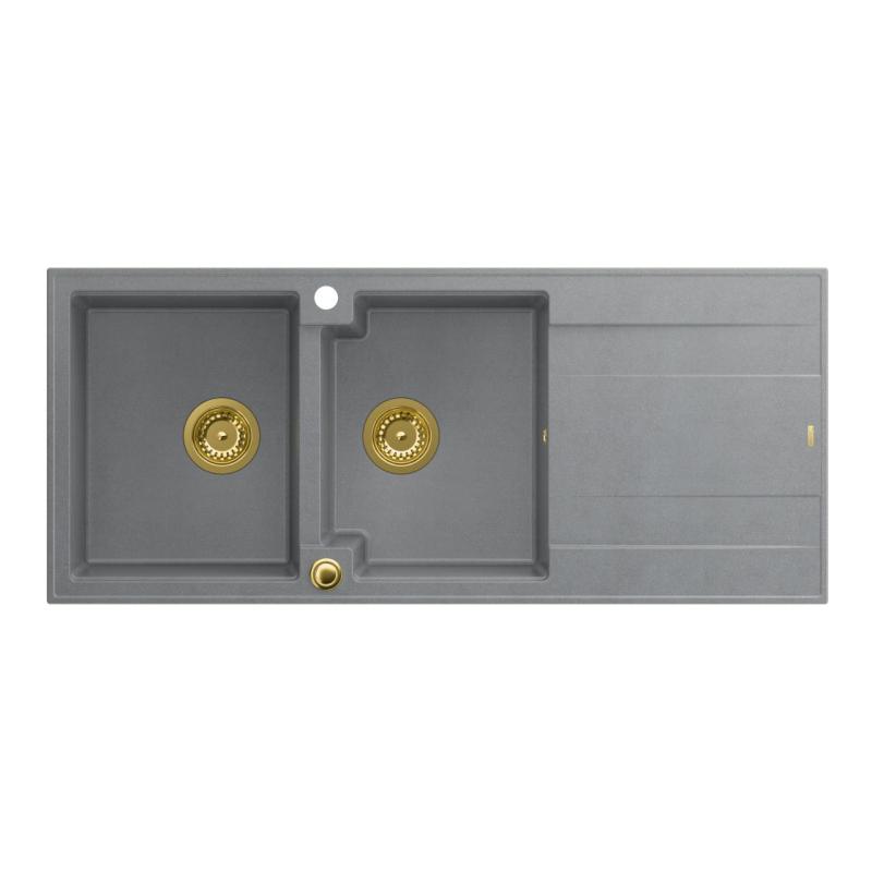 Quadri Luton grey inset double granite sink with drainer, golden plug and push to open siphon 116x50 cm 1208967361