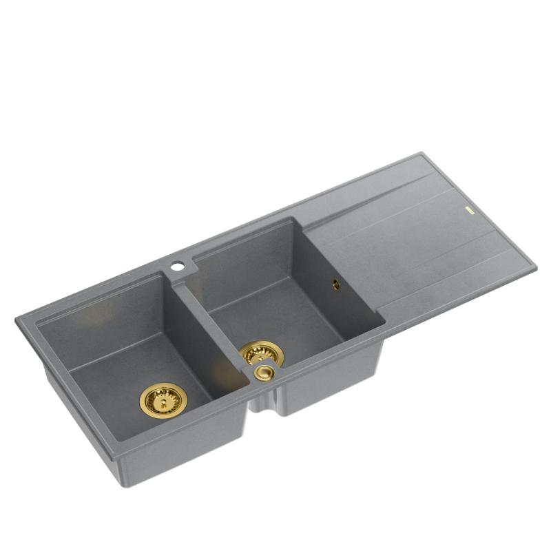Quadri Luton grey inset double granite sink with drainer, golden plug and push to open siphon 116x50 cm 1208967361
