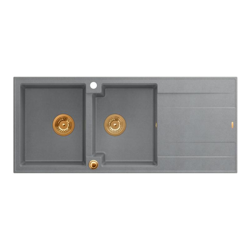 Quadri Luton grey inset double granite sink with drainer, copper plug and push to open siphon 116x50 cm 1208967362
