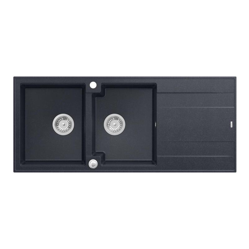 Quadri Luton anthracite inset double granite sink with drainer, stainless steel plug and push to open siphon 116x50 cm 1208967363