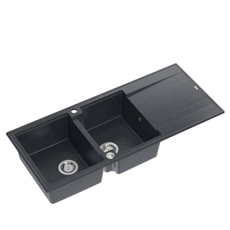 Quadri Luton anthracite inset double granite sink with drainer, stainless steel plug and push to open siphon 116x50 cm 1208967363