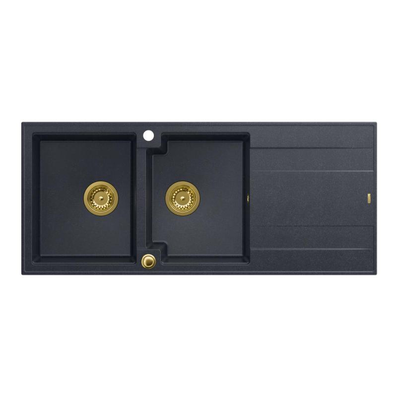 Quadri Luton anthracite inset double granite sink with drainer, golden plug and push to open siphon 116x50 cm 1208967364