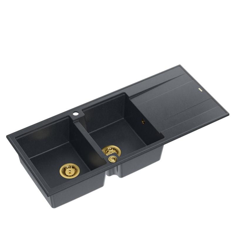 Quadri Luton anthracite inset double granite sink with drainer, golden plug and push to open siphon 116x50 cm 1208967364