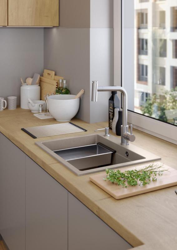 Quadri Durham taupe granite countertop sink 595x500 with soap dispenser, cutting board, insert sink and roll mat 1208967376