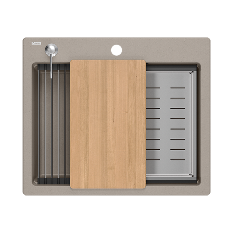 Quadri Durham taupe granite countertop sink 595x500 with soap dispenser, cutting board, insert sink and roll mat 1208967376