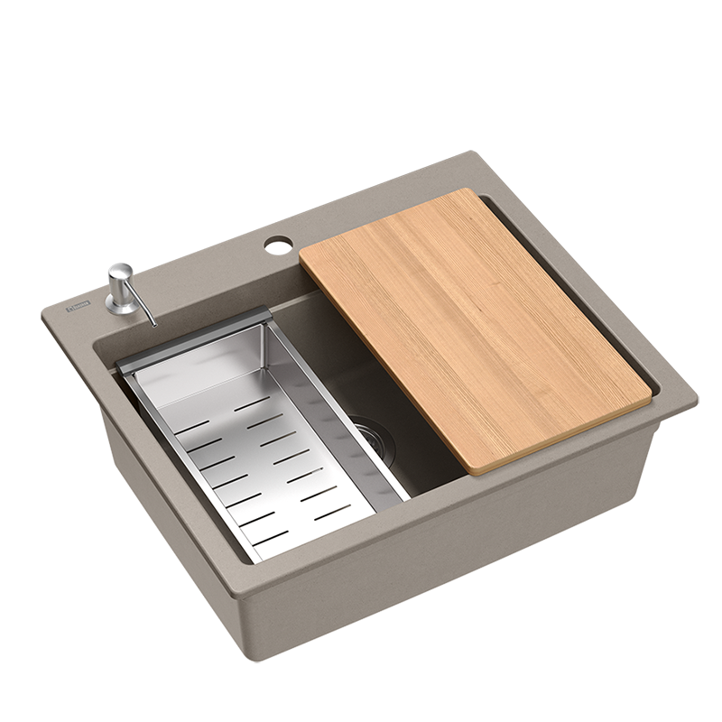 Quadri Durham taupe granite countertop sink 595x500 with soap dispenser, cutting board, insert sink and roll mat 1208967376