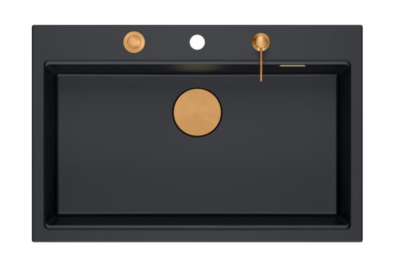 Quadri Hard Rock mat black granite inset large sink 76x50cm including copper plug and accessories 1208967423
