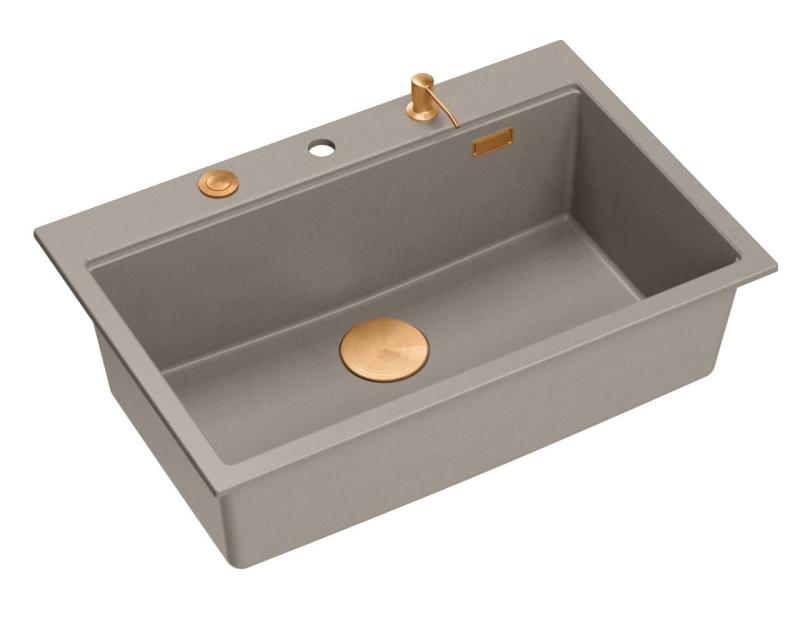 Quadri Hard Rock taupe granite inset large sink 76x50cm including copper plug and accessories 1208967439