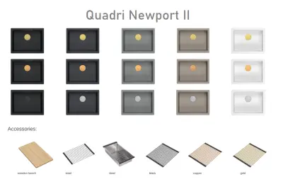 Quadri Newport II anthracite granite undermount sink 560x450mm with golden plug and cap 1208967460