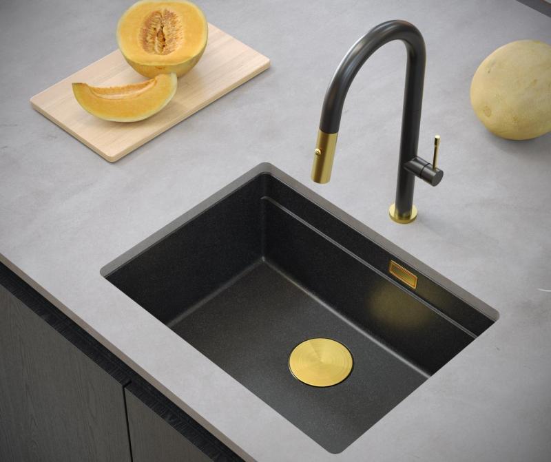 Quadri Newport II anthracite granite undermount sink 560x450mm with golden plug and cap 1208967460
