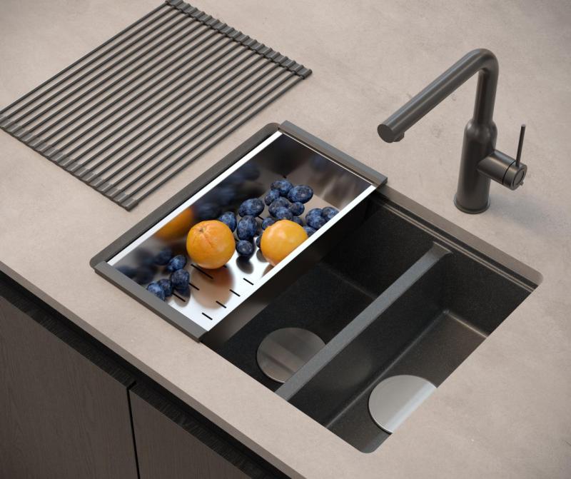 Quadri Newport II granite anthracite inset and undermount sink 1,5-bowl 555x460mm  with stainless steel manual siphon 1208967472