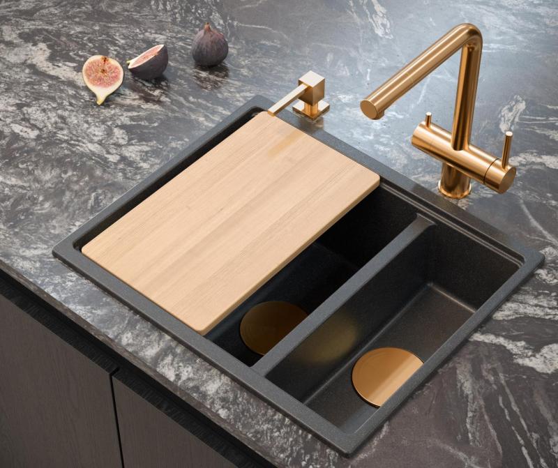 Quadri Newport II granite anthracite inset and undermount sink 1,5-bowl 555x460mm  with copper manual siphon 1208967474