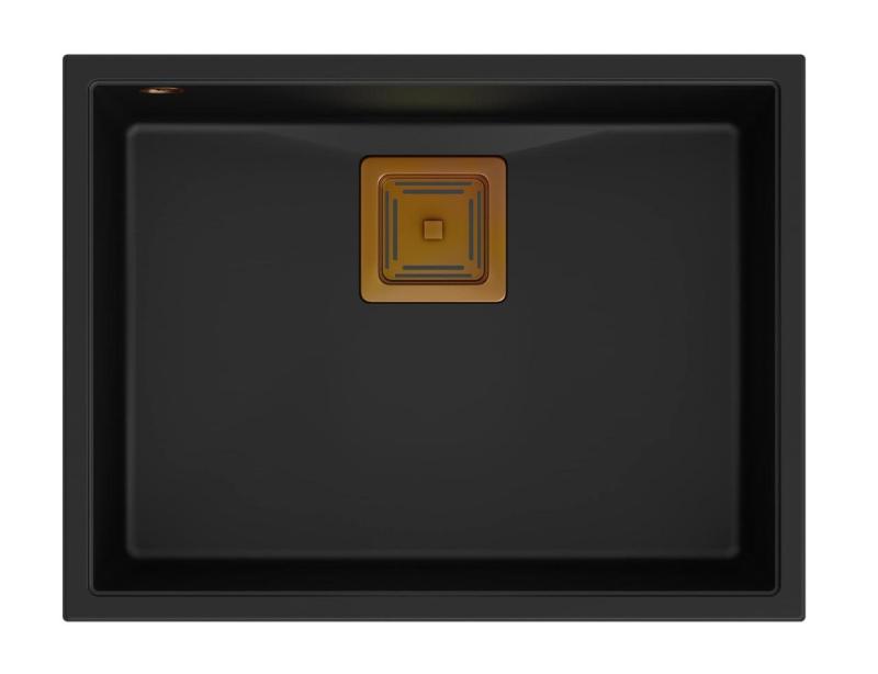 Quadri Quadrangle black undermount granite sink 55x42cm with copper plug 1208967476