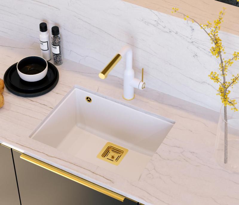 Quadri Quadrangle white undermount granite sink 55x42cm with golden plug 1208967477