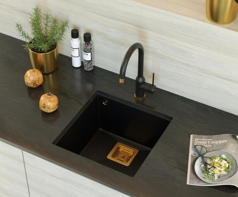 Quadri Quadrangle black undermount granite sink 42x42cm with copper plug 1208967482