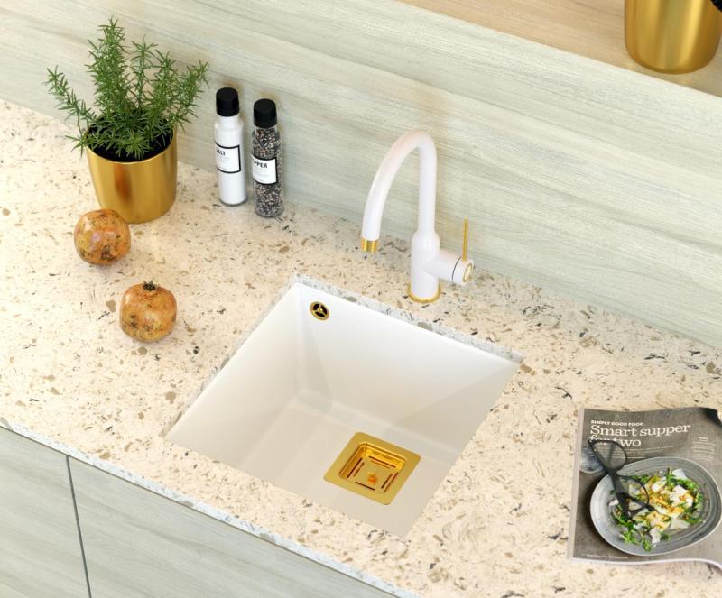 Quadri Quadrangle white undermount granite sink 42x42cm with golden plug 1208967489